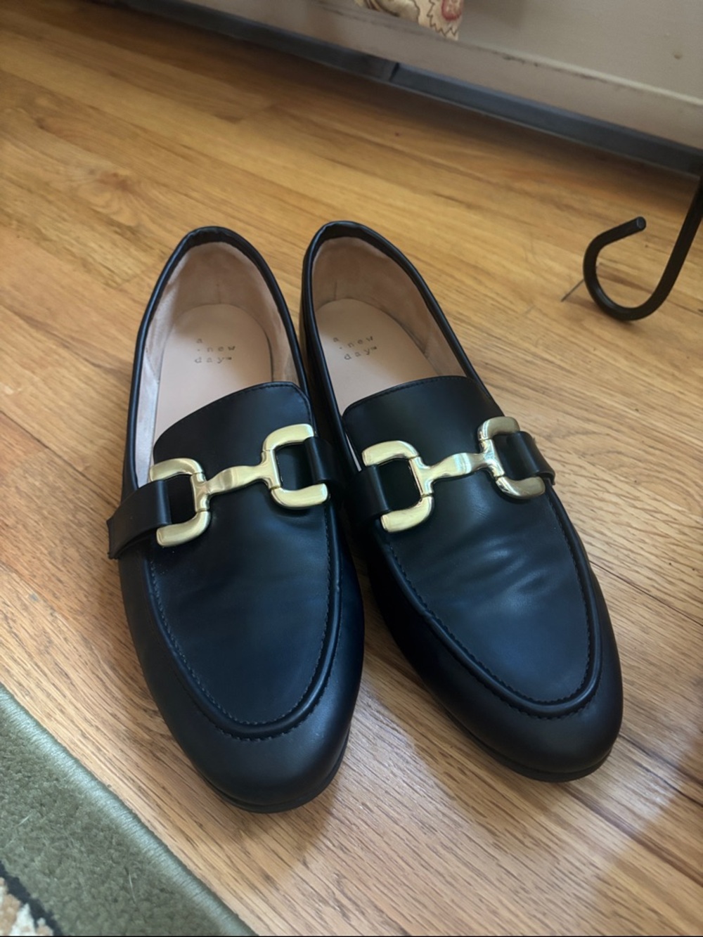 Black Leather Women’s Loafers with Gold Bit Hardware